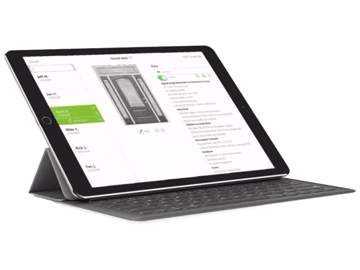 ProVia door design tool on a tablet — saved jobs, style preview, and configuration
